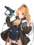  1girl absurdres aran_sweater arknights black_jacket black_thighhighs blue_skirt brown_sweater buttons cable cowboy_shot feather_hair garter_straps gun highres holding holding_gun holding_weapon jacket light_blush long_hair looking_at_viewer mole mole_under_eye nail_gun open_clothes open_jacket orange_eyes orange_hair pinecone_(arknights) ponytail rysp simple_background skirt solo suspender_skirt suspenders sweater thighhighs weapon white_background 