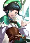  1boy absurdres aqua_hair bangs beret black_bow black_hair blue_eyes bow braid cape collared_cape commentary corset crystalfly_(genshin_impact) flower frilled_sleeves frills gem genshin_impact gradient_hair green_cape green_gemstone green_headwear green_shorts hand_up hat hat_flower highres kiaomiyouji long_sleeves looking_at_viewer multicolored_hair open_mouth puffy_long_sleeves puffy_sleeves shirt short_hair_with_long_locks shorts simple_background smile solo swept_bangs twin_braids upper_body venti_(genshin_impact) vision_(genshin_impact) white_background white_flower white_shirt 