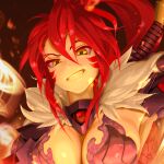  1girl absurdres arm_up armor armpits bangs breasts bustier cleavage clenched_teeth commentary facial_mark facial_tattoo fire fur_collar gauntlets gem grin highres holding holding_sword holding_weapon large_breasts long_hair looking_at_viewer oda_nobunaga_(sengoku_otome) open_mouth ponytail portrait red_gemstone red_hair ryohhe sengoku_otome shoulder_armor sidelocks smile solo sword sword_on_back tattoo teeth weapon weapon_on_back yellow_eyes 