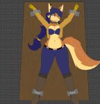 absurd_res accessory angry anthro belt blue_hair bound canid canine carmelita_fox clothed clothing cropped_jacket cuff_(restraint) female fox hair hair_accessory hair_tie hi_res mammal midriff prismatic_wolf questionable_consent restrained restraints sly_cooper_(series) solo sony_corporation sony_interactive_entertainment spread_legs spreading sucker_punch_productions video_games 