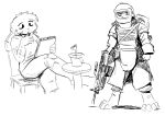  2021 anthro armor barefoot bottomwear chair clothed clothing feet female floppy_ears flower fully_clothed fur furniture greyscale gun headgear helmet hi_res holding_gun holding_object holding_weapon hyaenid hybrid lagomorph mammal monochrome pants plant plant_pot potted_plant ranged_weapon rimworld scar shirt simple_background sitting sketchbook solo standing table the-minuscule-task topwear weapon white_background writing_utensil 