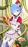  blue_eyes blue_hair christmas_wreath gloves hair_over_one_eye hat highres looking_at_viewer official_art open_mouth re:zero_kara_hajimeru_isekai_seikatsu re:zero_kara_hajimeru_isekai_seikatsu:_lost_in_memories red_gloves rem_(re:zero) santa_hat sitting thighhighs white_thighhighs 