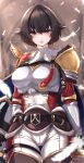  1girl absurdres armor belt breastplate breasts brown_hair cape earrings endo_yohane feathers fiorayne_(monster_hunter) gauntlets highres jewelry large_breasts monster_hunter_(series) monster_hunter_rise pants red_eyes shield sword weapon white_pants 
