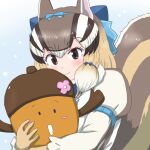  2girls acorn animal_ear_fluff animal_ears brown_eyes brown_hair chipmunk_ears chipmunk_girl chipmunk_tail extra_ears gloves kemono_friends kemono_friends_v_project mukouyama_mu multicolored_hair multiple_girls ribbon scarf shirt short_hair siberian_chipmunk_(kemono_friends) simple_background snow tail vest virtual_youtuber 