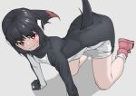  1girl adelie_penguin_(kemono_friends) all_fours bangs bare_legs black_hair boots commentary grey_background headphones highres kemono_friends long_hair looking_at_viewer red_eyes red_footwear simple_background solo sweat tail tail_through_clothes tanabe_(fueisei) wavy_mouth 