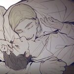  2boys arm_around_neck black_hair blonde_hair blush clenched_teeth closed_eyes collared_shirt erwin_smith g321377377 hand_on_another&#039;s_shoulder levi_(shingeki_no_kyojin) long_sleeves male_focus multiple_boys open_mouth shingeki_no_kyojin shirt short_hair smile teeth thick_eyebrows upper_body white_background yaoi 