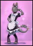  alien ambiguous_gender anthro bell blep clothing digitigrade fur gesture grey_body grey_fur inkanyamba_(artist) looking_at_viewer maid_headdress maid_uniform mammal nature_of_predators noseless one_eye_closed solo sparkles tongue tongue_out uniform v_sign venlil wink winking_at_viewer 