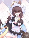  anthro bell bonnet breasts brown_eyes brown_hair cleaning_tool cleavage_cutout clothing collar dragon feather_duster fur furred_dragon gingy_k_fox hair halo headgear headwear hi_res looking_at_viewer maid_uniform uniform wings 