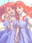  2girls bangs blue_dress blue_nails breasts bright_pupils brown_eyes celica_(fire_emblem) dress earrings fire_emblem fire_emblem_echoes:_shadows_of_valentia floating_hair highres holding_hands jewelry long_hair looking_at_viewer mae_(fire_emblem) medium_breasts multiple_girls o-ring off-shoulder_dress off_shoulder open_mouth orange_hair pink_hair red_eyes smile twintails v white_pupils yama0109 
