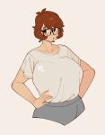 1girl absurdres bangs breasts brown_background brown_eyes brown_hair collarbone english_commentary glasses grey_shirt grey_shorts hands_on_hips highres huge_breasts looking_to_the_side original shirt shirt_tucked_in short_hair shorts snowcie snowciel solo 