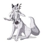  absurd_res anthro belt black_ears canid canid_taur canine canine_taur dipstick_tail erhu female fox fox_taur fur grey_body grey_fur hair herm_(lore) hi_res long_hair mammal mammal_taur markings musical_instrument platinum_fox playing_music purple_eyes red_fox sitting solo tail_markings taur tokrg/gall_t tzadik white_body white_fur white_hair 