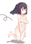  1girl :| barefoot black_hair blush breasts brown_eyes closed_mouth collarbone commentary completely_nude covering covering_breasts covering_crotch embarrassed falling fate/grand_order fate/kaleid_liner_prisma_illya fate_(series) furrowed_brow hair_ornament hair_up hairclip knees_together_feet_apart looking_ahead miyu_edelfelt motion_lines muromachi_atsushi navel nose_blush nude shadow simple_background small_breasts solo squiggle tearing_up two_side_up wavy_mouth white_background wide-eyed 