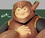 1boy brown_eyes commentary english_commentary green_background grey_background grey_outline grin leaf male_focus mega_man_2 pterro second-party_source siivagunner smile solo two-tone_background upper_body v-shaped_eyebrows wood wood_man 