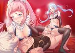  1boy 2girls ascot breasts cleavage clothing_aside corrin_(fire_emblem) corrin_(fire_emblem)_(male) cowgirl_position felicia_(fire_emblem) ffm_threesome fire_emblem fire_emblem_fates flora_(fire_emblem) garter_belt group_sex highres maid_headdress multiple_girls panties panties_aside pink_hair ponytail sex shiro_font smile straddling tank_top thighhighs threesome twintails underwear 