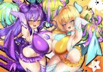  +_+ 2girls :d armpits arms_up blonde_hair blue_eyes blush bombergirl breast_press breasts cheerleader colored_tips demon_girl demon_tail demon_wings detached_collar fang hair_intakes heart heart-shaped_pupils highres horns huge_breasts long_hair microskirt multicolored_hair multiple_girls necktie open_mouth oppai_loli pine_(bombergirl) pom_pom_(cheerleading) prune_(bombergirl) pubic_tattoo purple_hair purple_thighhighs short_hair skirt smile smug sweat symbol-shaped_pupils symmetrical_docking tail tattoo thick_thighs thighhighs thighs twintails very_long_hair wanyuudou_(fwen5284) white_thighhighs wings yellow_eyes 