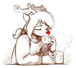  2020 anthro antlers beverage candy capreoline cervid chocolate clothed clothing cookie dessert eating eyes_closed female food greyscale hair hi_res horn hot_chocolate mammal monochrome mug ponytail red_nose reindeer rue_(the-minuscule-task) simple_background solo spot_color steam sweater the-minuscule-task topwear white_background 