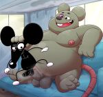  2022 anthro balls black_body blush cartoon_network detailed_background duo erection frankie_watterson genitals grey_body hi_res inside lagomorph leonthelionel leporid louie_watterson male male/male mammal murid murine musk overweight overweight_male penis rabbit rat rodent sitting the_amazing_world_of_gumball 