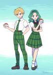  2girls aqua_eyes aqua_hair bangs belt bishoujo_senshi_sailor_moon black_sailor_collar blonde_hair blue_eyes bow bowtie brown_footwear green_bow green_bowtie green_necktie green_pants green_skirt highres kaiou_michiru long_hair medium_skirt mugen_gakuen_school_uniform multiple_girls necktie pants parted_bangs plaid plaid_skirt poke_ball poke_ball_(basic) puffy_short_sleeves puffy_sleeves red_shirt sailor_collar school_uniform serafuku shirt shoes short_hair short_sleeves skirt socks tasuku_(tasukurukuru) ten&#039;ou_haruka very_short_hair wavy_hair white_shirt white_sleeves 