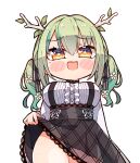  1girl :d antlers bangs black_choker black_skirt blush braid breasts center_frills ceres_fauna choker clothes_lift flower frills green_hair hair_between_eyes hair_flower hair_ornament high-waist_skirt highres hololive jirai_kei kukie-nyan large_breasts lifted_by_self long_hair long_sleeves looking_at_viewer mole mole_under_eye official_alternate_costume shirt simple_background skirt skirt_lift smile solo sweat teeth twintails upper_teeth virtual_youtuber white_background white_shirt yellow_eyes 