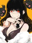  1girl bangs bird black_dress black_nails bracelet breasts chainsaw_man cleavage commentary dress earrings feather_boa grin highres jewelry looking_at_viewer multiple_rings nail_polish parted_lips red_eyes ring ringed_eyes sailen0 scar scar_on_face simple_background smile stud_earrings war_devil_(chainsaw_man) yellow_background yoru_(chainsaw_man) 