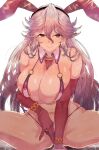  1girl absurdres animal_ears areola_slip bangs bare_shoulders bikini blush breasts cleavage collarbone detached_collar granblue_fantasy grey_hair highres large_breasts long_hair looking_at_viewer magisa_(granblue_fantasy) navel o-ring purple_eyes rabbit_ears smile solo sweat swimsuit thighs wakura_(gcdan) 