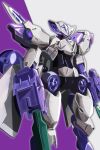  beguir-beu gundam gundam_suisei_no_majo highres looking_at_viewer masalu_kai mecha mobile_suit no_humans purple_eyes robot simple_background solo standing two-tone_background weapon 