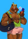  abs anthro banana blue_body blue_fur blush bottomwear brown_body brown_fur bulge capybara caviid clothed clothing digital_media_(artwork) duffel_bag eggplant erection fingers food fruit fur genital_outline green_clothing green_topwear hi_res hotpants looking_at_object looking_at_phone male mammal muscular muscular_anthro muscular_male nipples penis_outline phone pink_bottomwear pink_clothing pink_shorts pixelatedmilkshake pixltdeggplant plant rainbow_pride_colors rainbow_symbol rodent shorts simple_background solo topwear 