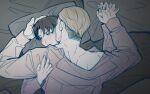  2boys back bangs black_hair blonde_hair blush erwin_smith g321377377 hand_on_another&#039;s_shoulder holding_hands levi_(shingeki_no_kyojin) long_sleeves looking_away male_focus multiple_boys on_bed open_clothes open_shirt parted_bangs pillow shingeki_no_kyojin short_hair upper_body yaoi 