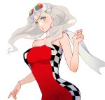  1girl bangs blush breasts collarbone dress goggles goggles_on_head green_eyes grey_hair head_tilt highres kame_misaki long_hair looking_at_viewer medium_breasts open_hand persona persona_5 red_dress scarf simple_background solo strapless strapless_dress takamaki_anne twintails upper_body white_background white_scarf 