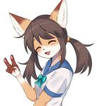  1girl :3 ^_^ animal_ear_fluff animal_ears animal_nose bangs blue_bow blue_bowtie blue_sailor_collar blush body_fur bow bowtie brown_fur brown_hair chatora_(0-furry-beast-0) claws closed_eyes commentary facing_viewer fang flat_chest fox_ears fox_girl from_side furry furry_female hair_tie hand_up happy long_hair multicolored_fur open_mouth original pawpads sailor_collar shiny shiny_hair shirt short_sleeves sidelocks simple_background smile solo standing twintails upper_body v white_background white_fur white_shirt yellow_fur 