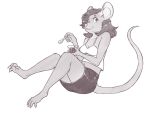  anthro bottomwear breasts clothed clothing container cup cutlery eating female food fully_clothed greyscale hair kitchen_utensils mammal monochrome mouse murid murine rodent shirt simple_background sitting skirt smile solo spoon tank_top tools topwear unimpressive_(artist) white_background 