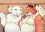  absurd_res anthro dragon duo elephant elephantid grey_body hi_res hizen_(tamacolle) horn khwan_zg male mammal moobs nipples oumi_(tamacolle) overweight proboscidean proboscis_(anatomy) scar shirtless smile tamacolle trunk_(anatomy) tusks 