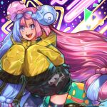  1girl abstract_background absurdres bellibolt blue_hair highres inkfy iono_(pokemon) long_hair long_sleeves looking_at_viewer magnemite multicolored_hair open_mouth pink_hair pokemon pokemon_(game) pokemon_sv sharp_teeth shorts smile teeth two-tone_hair very_long_hair yellow_raincoat 
