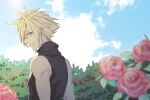  1boy aqua_eyes bare_shoulders beicorainvii blonde_hair blue_sky blurry blurry_foreground cloud cloud_strife cloudy_sky earrings final_fantasy final_fantasy_vii final_fantasy_vii_remake flower garden hair_between_eyes jewelry light_smile looking_at_viewer male_focus outdoors pink_flower pink_rose rose short_hair single_earring sky sleeveless sleeveless_turtleneck solo spiked_hair toned toned_male turtleneck upper_body 