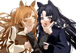  1other 2girls :d :t absurdres animal_ears arknights bangs black_hair black_kimono brown_hair brown_jacket ceobe_(arknights) chin_on_palm_challenge closed_eyes closed_mouth commentary_request dog_ears dog_girl facial_mark facing_viewer forehead forehead_mark hair_between_eyes highres jacket japanese_clothes kimono long_hair long_sleeves looking_at_viewer multiple_girls parted_bangs purple_eyes saga_(arknights) simple_background smile tanuka_(tnk0150) upper_body very_long_hair wavy_mouth white_background 