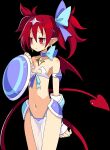  1girl bangs bikini black_background blush collar cowboy_shot demon_girl demon_tail demon_wings disgaea_rpg earrings etna_(disgaea) headpiece highres holding holding_shield jewelry long_hair navel official_art pelvic_curtain photoshop_(medium) pointy_ears red_eyes red_hair red_tail red_wings see-through shield simple_background solo standing swimsuit tail tears twintails wings 
