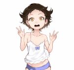  1girl :d bare_arms bare_shoulders black_hair blue_bow blue_shorts blvefo9 bow brown_eyes brown_hair camisole commentary_request double_w gradient_hair hands_up highres looking_at_viewer multicolored_hair original short_hair short_shorts shorts simple_background smile solo strap_slip w white_background white_camisole 