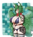  1girl absurdres animal_ear_fluff animal_ears avatar_(pso2) bandaid bandaid_on_face bandaid_on_nose bikini black_bikini blue_eyes blush breasts checkered_background curvy duman enpera fox_ears fox_girl fox_tail full-body_tattoo green_hair heterochromia highres horns huge_breasts ichika_(ichika_manga) long_hair looking_at_viewer multiple_tails o-ring o-ring_top original phantasy_star phantasy_star_online_2 red_scarf scarf side-tie_bikini_bottom solo steepled_fingers striped striped_thighhighs sweat swimsuit tail tattoo thick_thighs thighhighs thighs tsutsune_(pyobbo) wide_hips yellow_eyes 