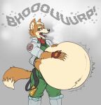  2022 anthro belly belt belt_buckle big_belly blush boots burping canid canine clothing dipstick_tail eggo21 fangs fingerless_gloves footwear fox fox_mccloud fur gloves green_eyes grey_background hair hands_on_belly handwear hi_res jacket looking_away male mammal markings navel nintendo open_mouth orange_body orange_fur overweight pilot pilot_uniform scarf simple_background solo sound_effects star_fox tail_markings tan_body tan_fur tan_hair tongue tongue_out topwear unzipped unzipped_pants video_games 
