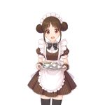  apron black_bow black_bowtie black_thighhighs bow bowtie brown_eyes brown_hair coffee coffee_cup cup disposable_cup holding holding_tray maid maid_apron maid_headdress official_art princess_connect! suzuna_(princess_connect!) tachi-e thighhighs transparent_background tray 