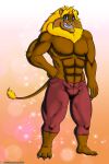  2019 abs absurd_res alexander_adcock anthro blonde_hair blue_eyes bottomwear clothing digital_media_(artwork) felid hair hand_on_hip hi_res if_hell_had_a_taste lion maine male mammal muscular muscular_anthro muscular_male neck_tuft pantherine pants pubes smile solo tuft viroveteruscy whiskers 