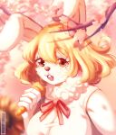  1girl absurdres animal_ears animal_nose artist_name bangs blonde_hair blurry blurry_background body_fur breasts brown_eyes buck_teeth carrot carrot_(one_piece) cherry_blossoms commentary day english_commentary flower food food_bite freckles fur_collar furry furry_female hand_up happy heart heart_in_eye highres holding holding_carrot holding_food kawaiihinari large_breasts looking_at_viewer neck_ribbon one_piece open_mouth outdoors petals rabbit_ears rabbit_girl red_ribbon ribbon shirt short_hair sidelocks sleeveless sleeveless_shirt smile solo sunflower symbol_in_eye teeth tree upper_body watermark white_flower white_fur white_shirt 