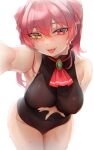  1girl bababababan bare_shoulders black_leotard breasts closed_mouth cowboy_shot hair_between_eyes heterochromia highres hololive houshou_marine large_breasts leaning_forward leotard long_hair looking_at_viewer reaching_towards_viewer red_eyes red_hair solo tongue tongue_out virtual_youtuber yellow_eyes 