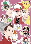  +_+ 2girls 4boys bangs beanie black_shirt brown_eyes brown_hair chibi closed_mouth commentary_request cyndaquil decidueye double_bun ethan_(pokemon) grey_headwear grin hair_bun hand_on_own_chin hat highres hilbert_(pokemon) holding holding_pokemon jacket multiple_boys multiple_girls nme_(mmeeeetcha) on_head outline pikachu pointing pokemon pokemon_(creature) pokemon_(game) pokemon_bw2 pokemon_hgss pokemon_masters_ex pokemon_on_head pokemon_rgby pokemon_sm pokemon_swsh red_(pokemon) red_headwear red_jacket red_shirt rosa_(pokemon) scorbunny selene_(pokemon) shirt short_hair short_sleeves sirfetch&#039;d smile snivy sparkle stroking_own_chin teeth twintails victor_(pokemon) visor_cap 