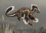  2021 babanasaur brown_body brown_feathers brown_scales chain claws collar cybernetic_leg cybernetic_limb digital_media_(artwork) dinosaur dromaeosaurid feather_tuft feathered_crest feathers feral grass harness head_crest hi_res interfector_(interfectorfactory) jumping looking_forward male markings open_mouth outside plant red_body red_scales reptile scale_markings scales scalie solo theropod tuft utahraptor white_body white_claws white_feathers white_scales yellow_sclera 