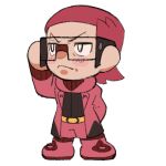  1boy adjusting_eyewear black-framed_eyewear black_eyes black_shirt bodysuit boots chibi coat full_body glasses hand_up logo lowres male_focus maxie_(pokemon) open_clothes open_coat pokemon pokemon_(game) pokemon_oras red_bodysuit red_coat red_footwear red_hair red_shorts ribbed_bodysuit shirt shorts solo standing team_magma transparent_background wanineko2001 