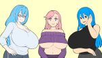  3girls absurdres bangs black_shirt blue_hair borrowed_character braid breasts bright_pupils closed_eyes cropped_sweater gigantic_breasts glasses hair_between_eyes hand_on_hip hand_up highres huge_breasts inchou&#039;s_mother_(kaitsu_tokiyas) long_hair long_sleeves looking_at_viewer meshmezz midriff momi_(meshmezz) multiple_girls navel open_mouth original pink_hair purple_eyes purple_sweater red_eyes rina&#039;s_mother_(erkaz) semi-rimless_eyewear shirt simple_background sleeveless sleeveless_shirt smile sweater under-rim_eyewear underboob upper_body white_pupils white_shirt yellow_background 