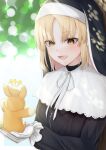  1girl black_dress blonde_hair capelet dress frilled_gloves frills gloves habit highres kouyadoufu light_blush long_hair long_sleeves looking_at_animal nijisanji nun sister_cleaire solo virtual_youtuber white_capelet white_gloves yellow_eyes zipper_dress zipper_pull_tab 