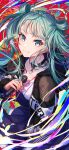  1girl absurdres blue_eyes blue_hair breasts choker cleavage closed_mouth collarbone hatsune_miku highres holding holding_microphone hood hood_down hooded_jacket jacket long_hair looking_at_viewer microphone open_clothes open_jacket project_sekai smile vivid_bad_squad_(project_sekai) vocaloid yuzuha_wasa 