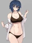  1girl bangs black-framed_eyewear black_bra black_panties blue_eyes blue_hair bra breasts ciel_(tsukihime) cleavage collarbone commentary_request dress_shirt glasses grey_background groin hair_between_eyes highres jonyeld large_breasts looking_at_viewer medium_hair navel off_shoulder open_clothes panties partially_undressed shirt short_hair simple_background solo thighs tsukihime underwear white_shirt 